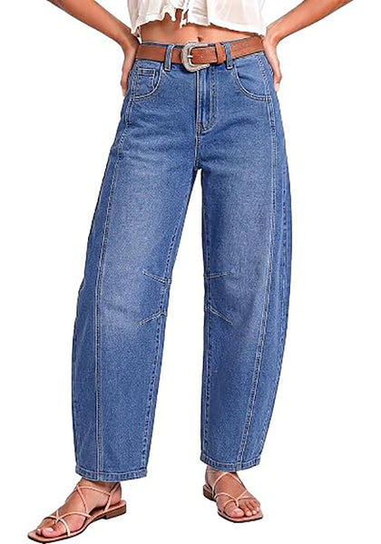 Classic Blue Women's Trendy Barrel Jeans — High Waisted Baggy Wide Leg Denim Pants with Cinched Waist, Front Seam & Ankle Length