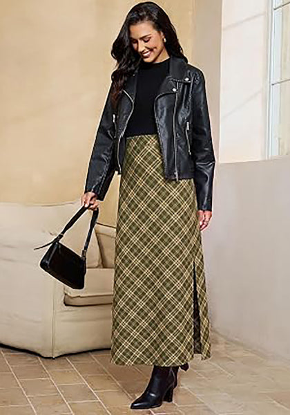 Green & Khaki Women's Trendy Plaid Maxi Skirt — High Waisted A Line Long Skirt with Side Slit, Vintage Pattern & Back Elastic Waist