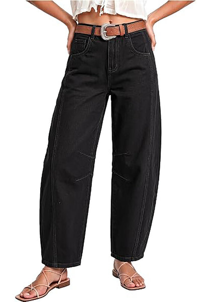 True Black Women's Trendy Barrel Jeans — High Waisted Baggy Wide Leg Denim Pants with Cinched Waist, Front Seam & Ankle Length
