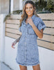 Bay Blue - Acid Wash Women's Denim Jean Dress Button Down Frayed Hem Jean Short Dresses With Pockets