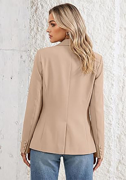 Light Khaki Women's Notched Lapel Blazer, Single Button Shoulder Pads Suit Jacket, Long Sleeve Business Casual Work Office Blazer with Pockets & Back Slit