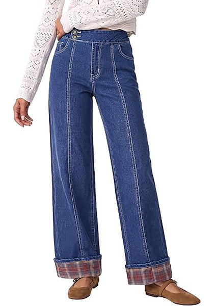 Medium Blue Women's High Rise Wide Leg Jeans — Stretchy Denim Pants with Double Button Waistband, Vertical Seam & Contrast Plaid Cuffs