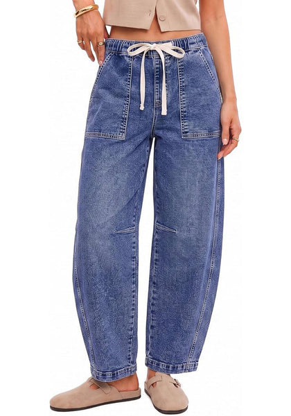 GRAPENT Women's High Waisted Baggy Barrel Jeans | Stretchy Denim, Elastic Drawstring Waist, Pull On, 27.5" Inseam, Ankle Length, Dressy Casual Outfits