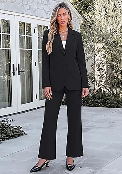 Black Women's 2 Piece Pant Suits, Business Casual Buttoned Blazer and High Waisted Bootcut Pants Set, 29" Inseam Professional Office Fall Teacher Outfits