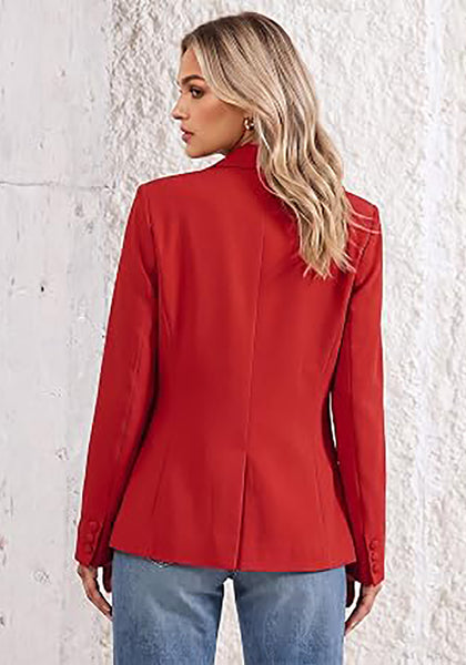 Red Women's Notched Lapel Blazer, Single Button Shoulder Pads Suit Jacket, Long Sleeve Business Casual Work Office Blazer with Pockets & Back Slit