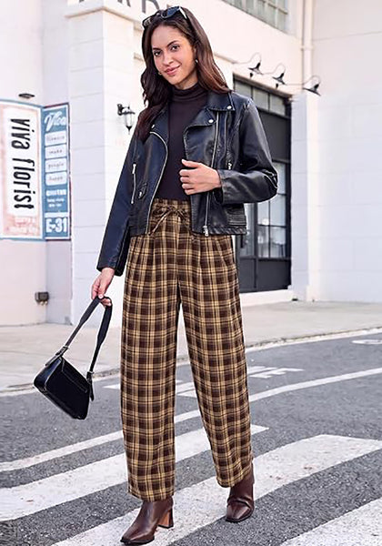 GRAPENT Women's High Waisted Plaid Barrel Pants | Tapered Wide Leg, Elastic Drawstring Waist, Front Pockets, Work Office Casual Fall Outfits