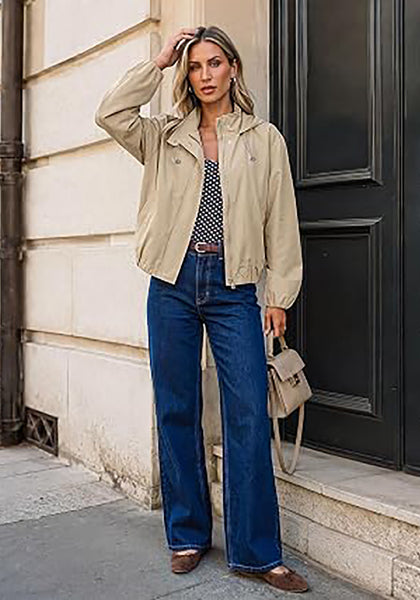 Light Taupe Women's Trendy Funnel Neck Bomber Jacket — Oversized Cropped Zip Up Hooded Jacket with Stand Collar & Elastic Cuff Hem