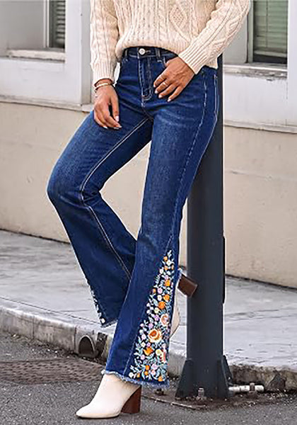 Darkness Blue Women's Floral Embroidery Flare Jeans — High Waisted Stretchy Bootcut Denim with Raw Frayed Hem & Retro Distressed Wash