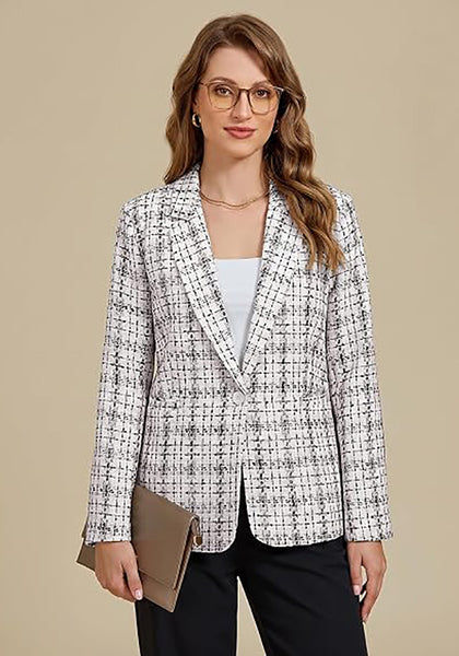 GRAPENT Women's Tweed Plaid Blazer | Notched Lapel, Fully Lined, Shoulder Pads, Single Button, 2 Pockets, Interview Office Business Casual