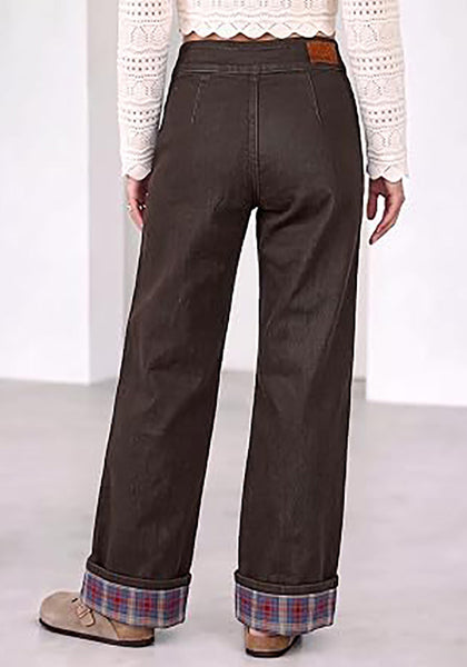 Dark Brown Women's High Rise Wide Leg Jeans — Stretchy Denim Pants with Double Button Waistband, Vertical Seam & Contrast Plaid Cuffs