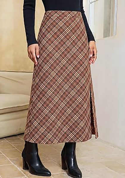 Cinnamon & Khaki Women's Trendy Plaid Maxi Skirt — High Waisted A Line Long Skirt with Side Slit, Vintage Pattern & Back Elastic Waist