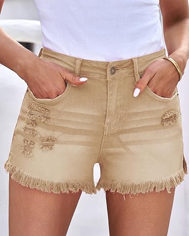 Women's Mid Rise Frayed Ripped Raw Hem Denim Jean Shorts