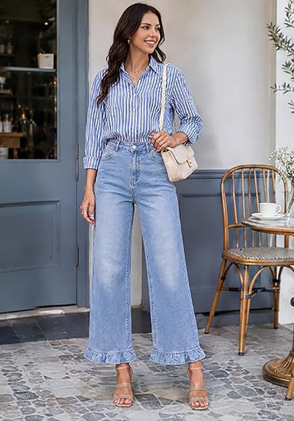 GRAPENT Women's High Waisted Ruffle Hem Wide Leg Jeans | Stretch Denim, 27.5" Inseam, Ankle Cropped, Baggy Fit, Weekend Casual