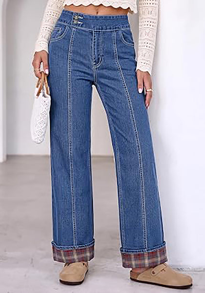 Classic Blue Women's High Rise Wide Leg Jeans — Stretchy Denim Pants with Double Button Waistband, Vertical Seam & Contrast Plaid Cuffs