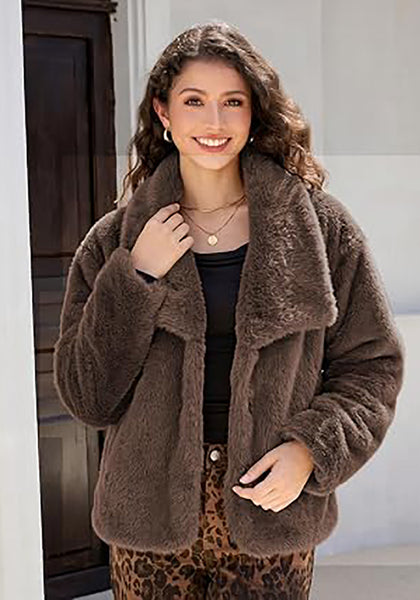 Brown Wide Lapel Faux Fur Coat for Women — Oversized Dropped Shoulder Jacket with Side Pockets & Snap Buttons