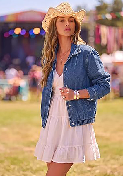 Classic Blue Women's Funnel Neck Denim Jacket — Oversized Zip Up Jean Jacket with Drop Shoulder, Elastic Hem & Side Slant Pockets
