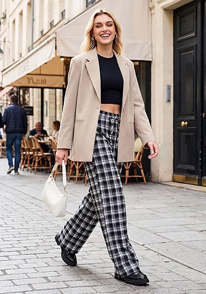 GRAPENT Women's High Waisted Wide Leg Plaid Pants | Tartan Pattern, Elastic Waist Drawstring, Pockets, Relaxed Fit, Casual Daily Fall Outfits