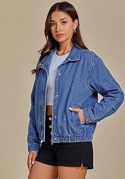 Medium Blue Women's Funnel Neck Denim Jacket — Oversized Zip Up Jean Jacket with Drop Shoulder, Elastic Hem & Side Slant Pockets