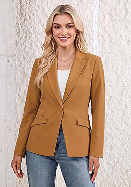 Brown Women's Notched Lapel Blazer, Single Button Shoulder Pads Suit Jacket, Long Sleeve Business Casual Work Office Blazer with Pockets & Back Slit