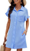 Sky Blue Women's Beach Cover Up Dress Button Down Shirt Ruffle Sleeves Dresses Casual Summer With Pockets