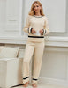 Light Beige Women Soft Long Sleeve Wide Leg Set Casual Sleep Lounge Wear