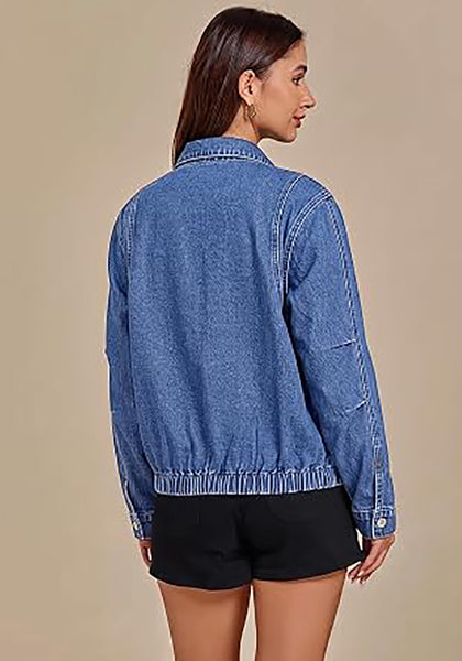 Medium Blue Women's Funnel Neck Denim Jacket — Oversized Zip Up Jean Jacket with Drop Shoulder, Elastic Hem & Side Slant Pockets