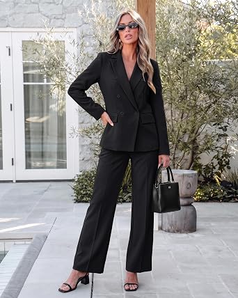Black Women's 2 Piece Double Breasted Pantsuit — Double Breasted, Wide Leg & Structured Shoulders, Professional Dressy Pantsuit Set, Office Chic, 2026 Fall Fashion