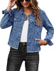 Classic Blue Acid Washed Women's Denim Frayed Hem Button Up Distressed Jackets