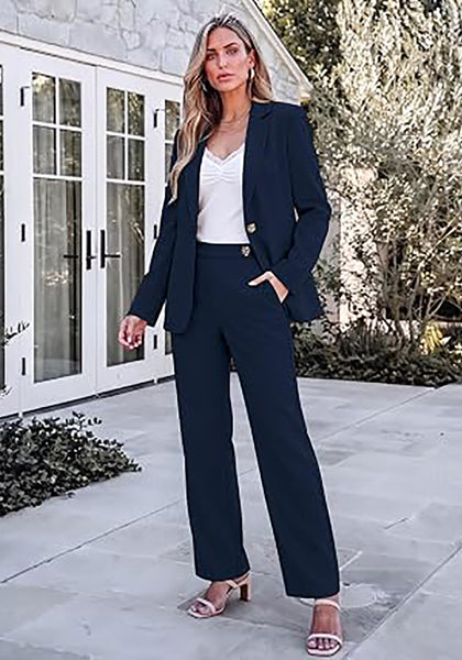 Navy Blue Women's Elegant Business Pantsuit — Single Button Blazer & High Waisted Pants with Adjustable Waistband