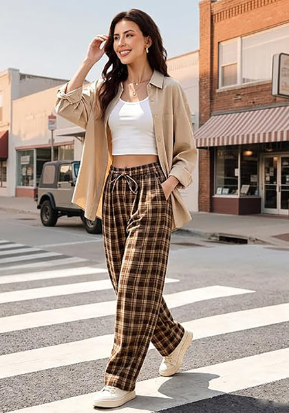 GRAPENT Women's High Waisted Plaid Barrel Pants | Tapered Wide Leg, Elastic Drawstring Waist, Front Pockets, Work Office Casual Fall Outfits