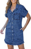 Wishful Blue Women's Denim Jean Dress Button Down Frayed Hem Jean Short Dresses With Pockets