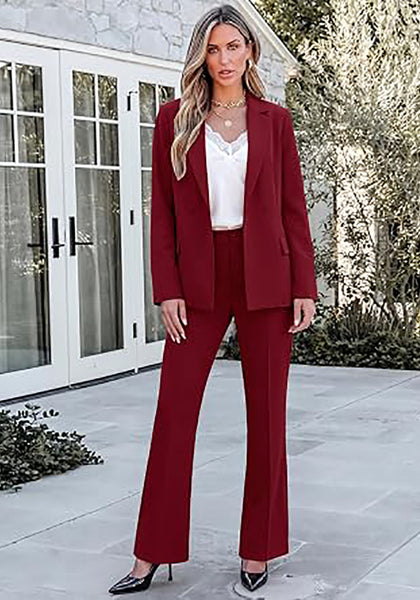 Wine Red Women's 2 Piece Blazer Pants Suit, Business Casual Long Sleeve Belted Double Breasted Blazer & Elastic High Waisted Flared Pants Set, Dressy Office Work Outfits