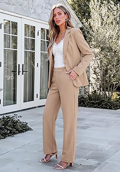 Beige Women's Elegant Business Pantsuit — Single Button Blazer & High Waisted Pants with Adjustable Waistband