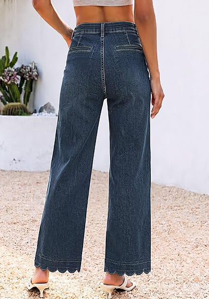 GRAPENT Women's High Waisted Scalloped Ankle Jeans | Stretchy Denim, Straight Wide Leg, 27.5" Inseam, Patched Pockets, Work Office Dressy Casual