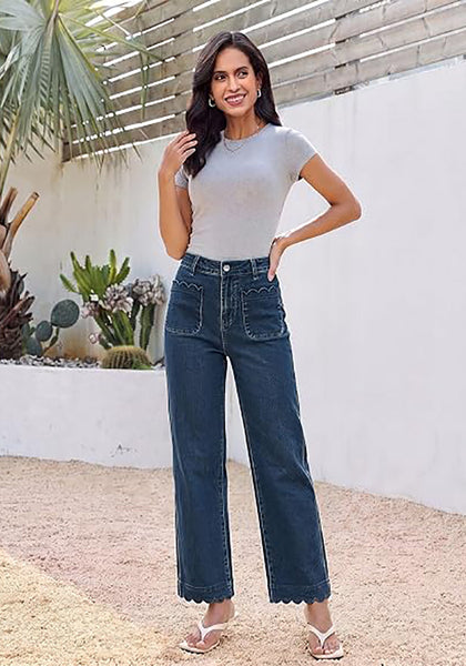 GRAPENT Women's High Waisted Scalloped Ankle Jeans | Stretchy Denim, Straight Wide Leg, 27.5" Inseam, Patched Pockets, Work Office Dressy Casual