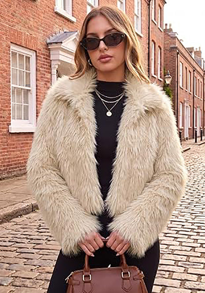 Apricot Women's Solid Color Shaggy Faux Fur Jacket — Cropped Long Pile Coat with Lapel Collar, Hook Closure & Drop Shoulder
