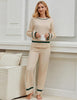 Beige Women Soft Long Sleeve Wide Leg Set Casual Sleep Lounge Wear