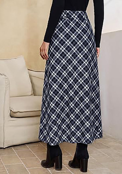 Navy Blue & White Women's Trendy Plaid Maxi Skirt — High Waisted A Line Long Skirt with Side Slit, Vintage Pattern & Back Elastic Waist