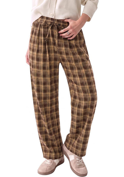GRAPENT Women's High Waisted Plaid Barrel Pants | Tapered Wide Leg, Elastic Drawstring Waist, Front Pockets, Work Office Casual Fall Outfits