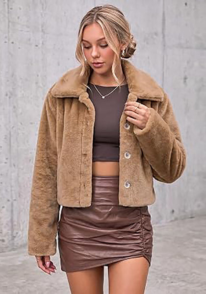 Khaki Women's Cropped Fluffy Faux Fur Coat — Oversized Lapel Jacket with Button Down Closure & Warm Lining