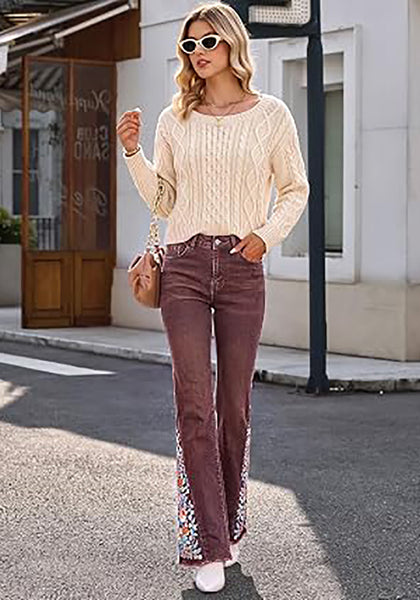 Coffee Brown Women's Floral Embroidery Flare Jeans — High Waisted Stretchy Bootcut Denim with Raw Frayed Hem & Retro Distressed Wash