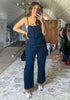 Navy Blue Women's Button Down Pocket Straight Leg Vintage Casual Overalls