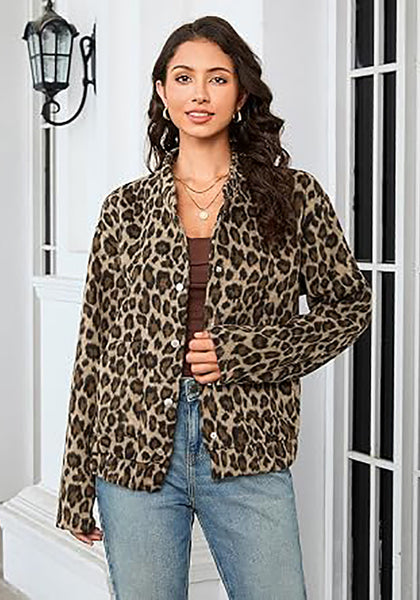 Khaki Leopard Women's Leopard Print Bomber Jacket — Oversized Brushed Wool Blend Cheetah Jacket with Stand Collar, Snap Buttons & Elastic Hem
