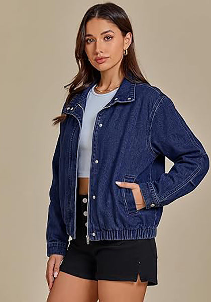 Darkness Blue Women's Funnel Neck Denim Jacket — Oversized Zip Up Jean Jacket with Drop Shoulder, Elastic Hem & Side Slant Pockets
