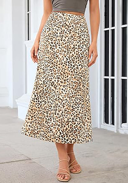 Taffy Leopard Women's Leopard Print Satin Maxi Skirt — High Waisted Bias Cut A Line Slip Skirt with Stretchy Elastic Waistband