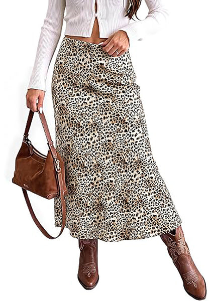 Sand Cheetah Women's Leopard Print Satin Maxi Skirt — High Waisted Bias Cut A Line Slip Skirt with Stretchy Elastic Waistband