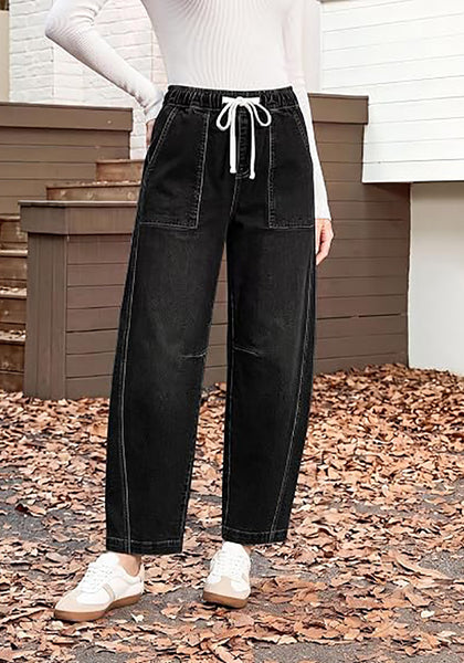 GRAPENT Women's High Waisted Baggy Barrel Jeans | Stretchy Denim, Elastic Drawstring Waist, Pull On, 27.5" Inseam, Ankle Length, Dressy Casual Outfits