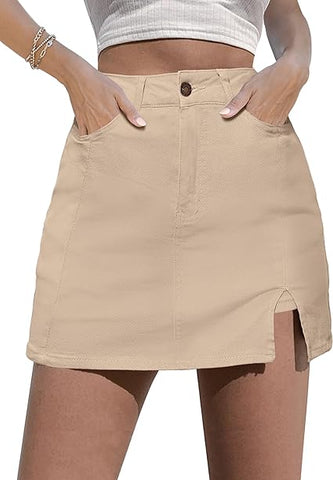 Light Khaki Frayed Hem Washed Denim Mini Skirt