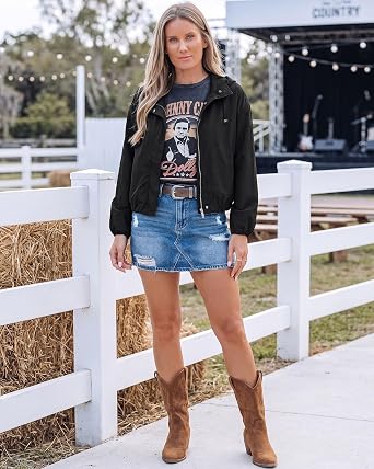 Black Women's Trendy Funnel Neck Bomber Jacket — Oversized Cropped Zip Up Hooded Jacket with Stand Collar & Elastic Cuff Hem