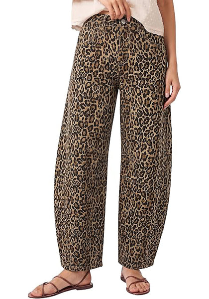 Khaki Brown Leopard Women's Trendy Leopard Barrel Jeans — High Waisted Baggy Wide Leg Stretchy Denim Pants with Front Seam & Ankle Length